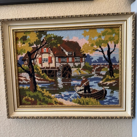 Framed Needlepoint Art Scenic Landscape River Man with Boat Waterwheel Handmade - Picture 3 of 7